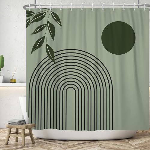 ASDCXZ Boho Duschvorhang 240x180 cm (BxL), Modern Abstrakt Kunst Grün Blätter Sonne Linie Salbei Grün Waschbar Duschvorhänge Textil Wasserdicht Duschvorhang für Badewanne mit 12 Haken von ASDCXZ