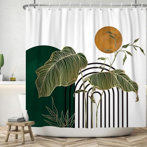 ASDCXZ Boho Duschvorhang 240x180 cm (BxL), Modern Abstrakt Kunst Grün Gold Tropisch Blätter Sonne Weiß Waschbar Duschvorhänge Textil Wasserdicht Duschvorhang für Badewanne mit 12 Haken von ASDCXZ