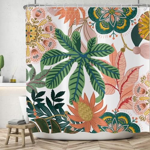 ASDCXZ Boho Duschvorhang 240x180 cm (BxL), Modern Abstrakt Kunst Grün Tropischer Pflanzen Blätter Rosa Blumen Waschbar Duschvorhänge Textil Wasserdicht Duschvorhang für Badewanne mit 12 Haken von ASDCXZ