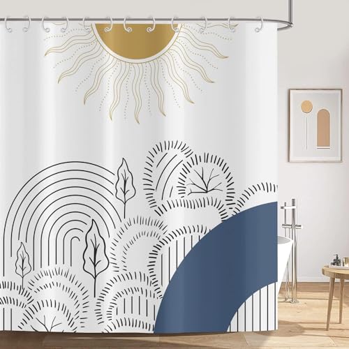 ASDCXZ Boho Duschvorhang 240x180 cm (BxL), Moderne Abstrakt Kunst Sonne Blätter Linien Weiß Waschbar Duschvorhänge Polyester Textil Wasserdicht Duschvorhang für Badewanne mit 12 Haken von ASDCXZ