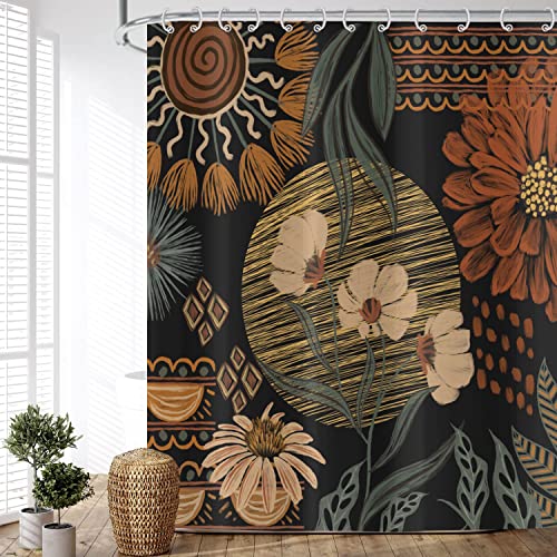 ASDCXZ Boho Duschvorhang 240x180 cm (BxL), Retro Abstrakt Kunst Boho Style Blume Blätter Schwarz Kleine Waschbar Duschvorhänge Polyester Textil Wasserdicht Duschvorhang für Badewanne mit 12 Haken von ASDCXZ