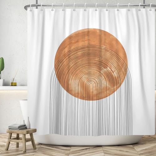 ASDCXZ Boho Duschvorhang 90x180 cm, Modern Abstrakt Boho Style Orange Braun Sonne Schwarz Linie Weiß Bad Waschbar Duschvorhänge Polyester Textil Wasserdicht Badevorhang für Badewanne mit 6 Haken von ASDCXZ