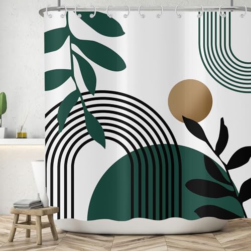 ASDCXZ Boho Duschvorhang 90x180 cm, Modern Abstrakt Boho Style Schwarz Grün Blätter Braun Sonne Weiß Bad Waschbar Duschvorhänge Polyester Textil Wasserdicht Badevorhang für Badewanne mit 6 Haken von ASDCXZ