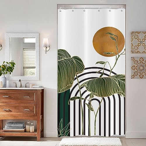 ASDCXZ Boho Duschvorhang 90x180 cm, Modern Abstrakt Kunst Boho Style Sonne Grün Blätter Bad Waschbar Schmal Duschvorhänge mit ösen Polyester Textil Wasserdicht Duschvorhang für Badewanne mit 6 Haken von ASDCXZ