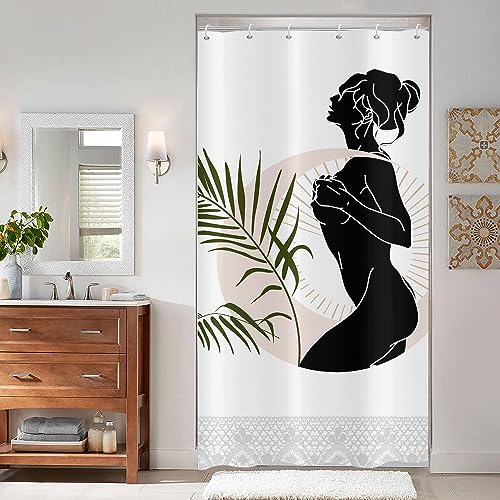 ASDCXZ Boho Duschvorhang 90x180 cm, Modern Abstrakt Kunst Mädchen Grün Blätter Weiß Bad Waschbar Schmal Duschvorhänge mit ösen Polyester Textil Wasserdicht Duschvorhang für Badewanne mit 6 Haken von ASDCXZ