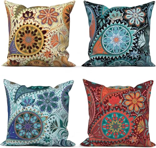 ASDCXZ Boho Kissenbezug 40x40 cm 4er Set, Boho Datura Blume Textur Muster Beige Blau Sofa Kissen Bezug Dekokissen Kissenbezüge Kissenhülle Waschbar Polyester Flachs Textil Polster Kopfkissenbezug von ASDCXZ