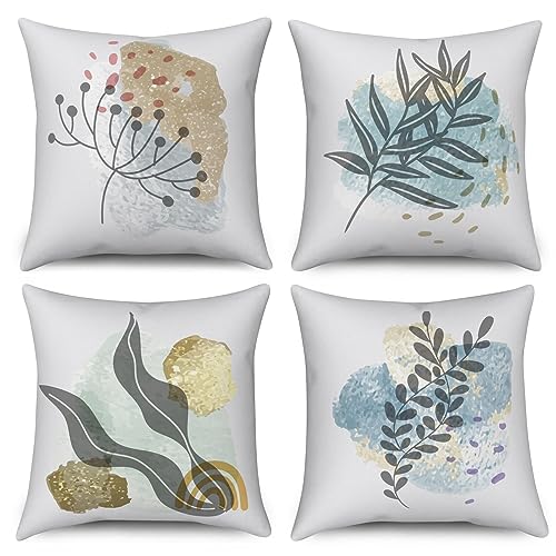 ASDCXZ Boho Kissenbezug 40x40 cm 4er Set, Modern Abstrakt Kunst Boho Blätter Gold Weiß Dekokissen Kissenbezüge Kissenhülle Waschbar Polyester Flachs Textil Polster Kopfkissenbezug Kissen Bezug von ASDCXZ