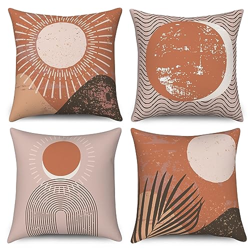 ASDCXZ Boho Kissenbezug 40x40 cm 4er Set, Modern Abstrakt Kunst Retro Sonne Blätter Orange Dekokissen Kissenbezüge Kissenhülle Waschbar Polyester Flachs Textil Polster Kopfkissenbezug Kissen Bezug von ASDCXZ