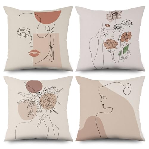 ASDCXZ Boho Kissenbezug 45x45 cm 4er Set, Modern Abstrakt Kunst Linie Mädchen Blume Beige Dekokissen Kissenbezüge Kissenhülle Waschbar Polyester Flachs Textil Polster Kopfkissenbezug Kissen Bezug von ASDCXZ