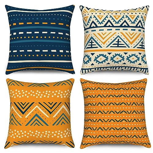 ASDCXZ Boho Kissenbezug 45x45 cm 4er Set, Modern Boho Geometrie Streifen Blau Gelb Sofa Dekokissen Kissenbezüge Kissenhülle Waschbar Polyester Flachs Textil Polster Kopfkissenbezug Kissen Bezug von ASDCXZ