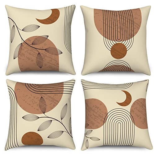 ASDCXZ Boho Kissenbezug 50x50 cm 4er Set, Abstrakt Boho Style Blätter Tag Monat Sofa Kissen Bezug Dekokissen Kissenbezüge Kissenhülle Waschbar Polyester Flachs Textil Outdoor Polster Kopfkissenbezug von ASDCXZ