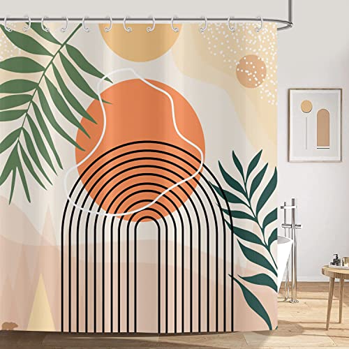 ASDCXZ Boho Style Duschvorhang Modern Abstrakt Kunst Boho Grün Palme Blätter Sonne Linie Bogen Beige Waschbar Duschvorhänge Textil Wasserdicht Duschvorhang für Badewanne mit 12 Haken, 180x200 cm von ASDCXZ