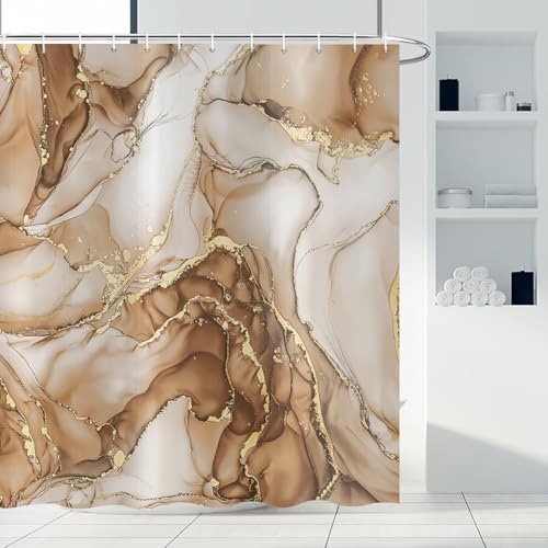 ASDCXZ Braun Marmor Duschvorhang 180x200 cm, Modern Abstrakt Kunst Braun Gold Marmor Optik Textur Wasserdicht Badvorhang Polyester Textil Waschbar Duschvorhänge für Badewanne mit 12 Haken von ASDCXZ