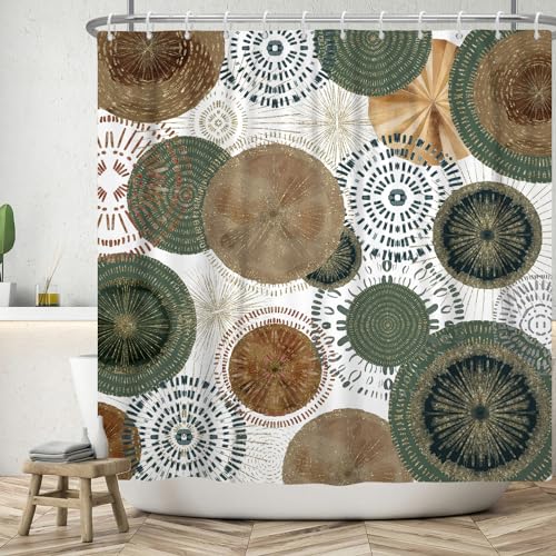 ASDCXZ Duschvorhang 180x200 cm, Modern Boho Grün Braun Gold Kreis Muster Weiß Bad Waschbar Duschvorhänge Polyester Textil Wasserdicht Badevorhang für Badewanne mit 12 Haken von ASDCXZ