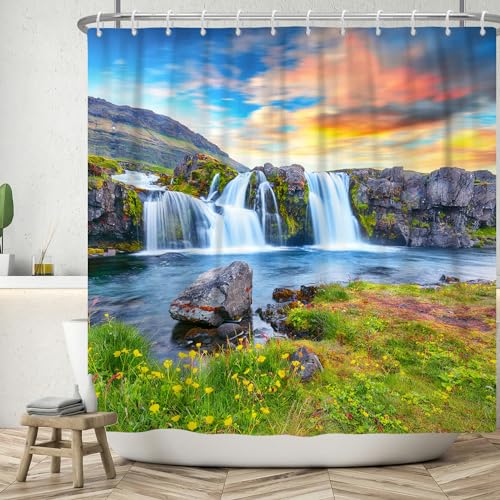 ASDCXZ Duschvorhang 180x200 cm, Naturlandschaft Berge und Flüsse Wasserfall Blumen Gras Waschbar Bad Duschvorhänge Polyester Textil Wasserdicht Duschvorhang für Badewanne mit 12 Haken von ASDCXZ