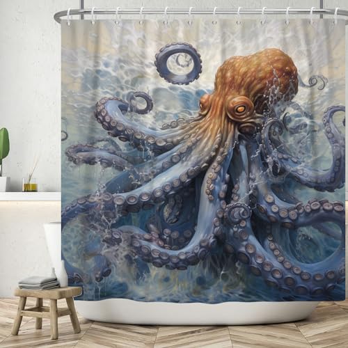 ASDCXZ Duschvorhang 240x180 cm, Handgemalt Benthische Organismen Oktopus Waschbar Bad Duschvorhänge Polyester Textil Wasserdicht Duschvorhang für Badewanne mit 12 Haken von ASDCXZ