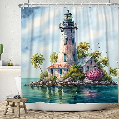 ASDCXZ Duschvorhang 240x180 cm (BXL), Modern Kunst Aquarell Blau Ozean Kleine Insel Leuchtturm Palmen Vogel Waschbar Duschvorhänge Polyester Textil Wasserdicht Badevorhang für Badewanne mit 12 Haken von ASDCXZ