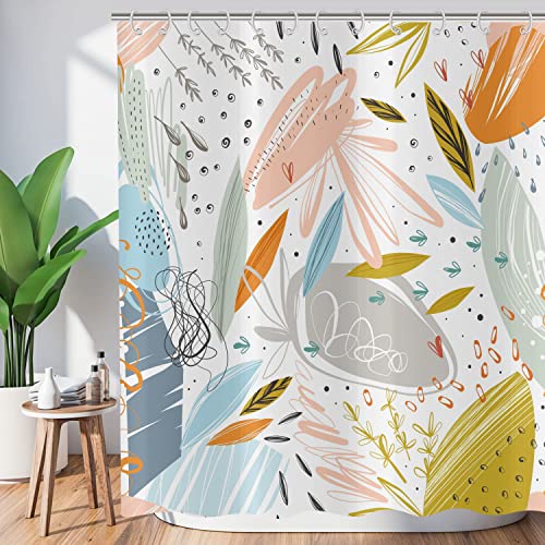 ASDCXZ Duschvorhang Abstrakt Blätter 120x180 cm, Frisch Kunst Boho Style Bunt Grün Blau Gelb Blätter Weiß Waschbar Duschvorhänge Polyester Textil Wasserdicht Duschvorhang für Badewanne mit 8 Haken von ASDCXZ