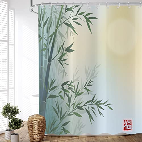 ASDCXZ Duschvorhang Bambus 180x240 cm, Asiatische Chinesische Malerei Grün Bambus Segen Spa Meditation Waschbar Duschvorhänge Polyester Textil Wasserdicht Duschvorhang für Badewanne mit 12 Haken von ASDCXZ