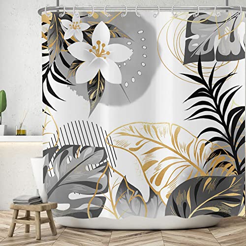 ASDCXZ Duschvorhang Blätter 165x180 cm, Abstrakt Handgemalt Weiß Blumen Schwarz Gold Tropical Blätter Waschbar Bad Duschvorhänge Wasserdicht Polyester Textil Duschvorhang für Badewanne mit 12 Hake von ASDCXZ