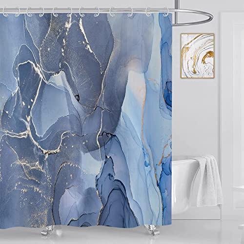ASDCXZ Duschvorhang Blau Gold Marmor 180x220 cm, Modern Abstrakt Blau Gold Weiß Marmor Optik Textur Waschbar Bad Duschvorhänge Polyester Textil Wasserdicht Duschvorhang für Badewanne mit 12 Hake von ASDCXZ