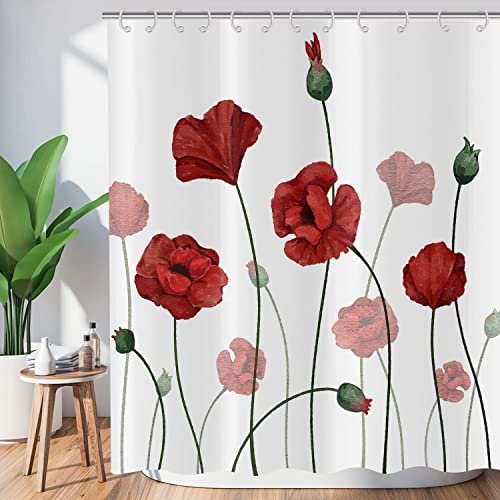 ASDCXZ Duschvorhang Blume 180x240 cm, Handgemalt Frühling Sommer Rot Mohn Blume Pflanzen Waschbar Duschvorhänge Antischimmel Polyester Textil Wasserdicht Duschvorhang für Badewanne mit 12 Haken von ASDCXZ