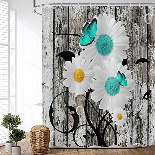 ASDCXZ Duschvorhang Blumen Vintage 180x240 cm, Retro Holzmaserung Weiß Türkis Daisy Motiv Wasserdicht Textil Bad Duschvorhänge Waschbar Stoff Duschvorhang für Badewanne mit 12 Duschvorhang Hake von ASDCXZ