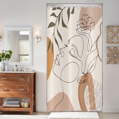 ASDCXZ Duschvorhang Beige 120x180 cm Boho Style, Modern Abstrakt Kunst Mädchen Gesicht Blume Grün Blätter Waschbar Duschvorhänge Polyester Textil Wasserdicht Duschvorhang für Badewanne mit 8 Haken von ASDCXZ