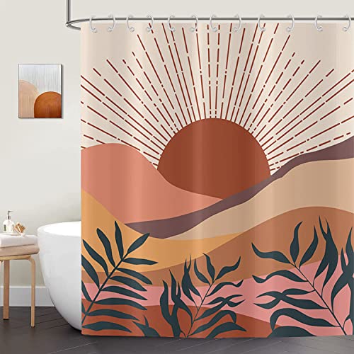 ASDCXZ Boho Style Duschvorhang 120x180 cm, Modern Abstrakt Kunst Sonnenuntergang Blätter Beige Bad Waschbar Duschvorhänge Polyester Textil Wasserdicht Duschvorhang für Badewanne mit 8 Haken von ASDCXZ