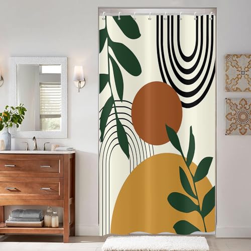 ASDCXZ Boho Style Duschvorhang 120x180 cm, Modern Abstrakt Kunst Boho Sonne Grün Blätter Gelb Bad Waschbar Duschvorhänge Polyester Textil Wasserdicht Duschvorhang für Badewanne mit 8 Haken von ASDCXZ