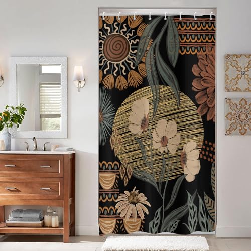 ASDCXZ Duschvorhang 120x180 cm Boho Style, Retro Abstrakt Kunst Blume Blätter Schwarz Kleine Bad Waschbar Duschvorhänge Polyester Textil Wasserdicht Duschvorhang für Badewanne mit 8 Haken von ASDCXZ