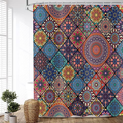 ASDCXZ Duschvorhang Boho 120x180 cm, Retro Boho Geometrie Datura Bunt Motiv Wasserdicht Textil Bad Duschvorhänge Waschbar Polyester Stoff Duschvorhang für Badewanne mit 8 Duschvorhang Hake von ASDCXZ