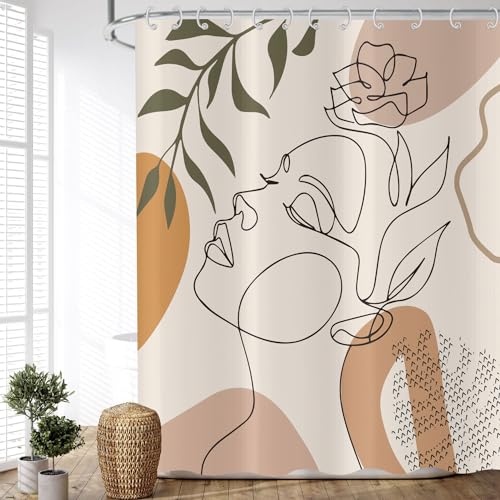 ASDCXZ Duschvorhang Beige 150x180 cm Boho Style, Modern Abstrakt Kunst Mädchen Gesicht Blume Grün Blätter Waschbar Duschvorhänge Polyester Textil Wasserdicht Duschvorhang für Badewanne mit 12 Haken von ASDCXZ