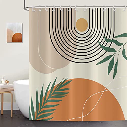 ASDCXZ Duschvorhang 165x180 cm Boho Style, Moderne Abstrakt Kunst Sonne Mond Blätter Beige Bad Waschbar Duschvorhänge Polyester Textil Wasserdicht Duschvorhang für Badewanne mit 12 Haken von ASDCXZ