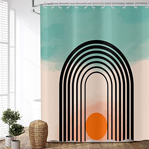 ASDCXZ Duschvorhang Boho 180x180 cm, Modern Abstrakt Kunst Boho Style Cyan Beige Spleißen Orange Sonne Linie Waschbar Duschvorhänge Textil Wasserdicht Duschvorhang für Badewanne mit 12 Haken von ASDCXZ