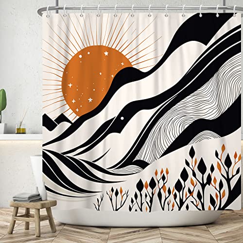 ASDCXZ Duschvorhang Boho 180x180 cm, Modern Abstrakt Kunst Boho Style Sonne Sterne Abstrakt Hügel Baum Beige Waschbar Duschvorhänge Textil Wasserdicht Duschvorhang für Badewanne mit 12 Haken von ASDCXZ