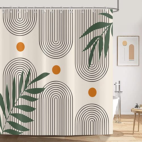 ASDCXZ Duschvorhang Boho 180x200 cm, Modern Abstrakt Kunst Boho Style Grün Blätter Orange Sonne Linie Beige Waschbar Duschvorhänge Textil Wasserdicht Duschvorhang für Badewanne mit 12 Haken von ASDCXZ
