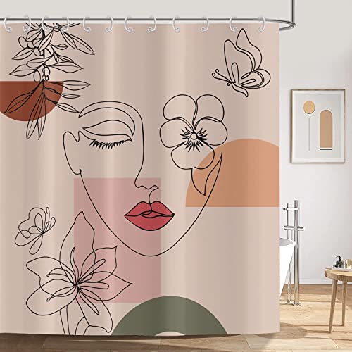 ASDCXZ Boho Duschvorhang 180x200 cm, Modern Abstrakt Kunst Mädchen mit Gesicht Blume Blätter Rose Bad Waschbar Duschvorhänge Polyester Textil Wasserdicht Duschvorhang für Badewanne mit 12 Haken von ASDCXZ