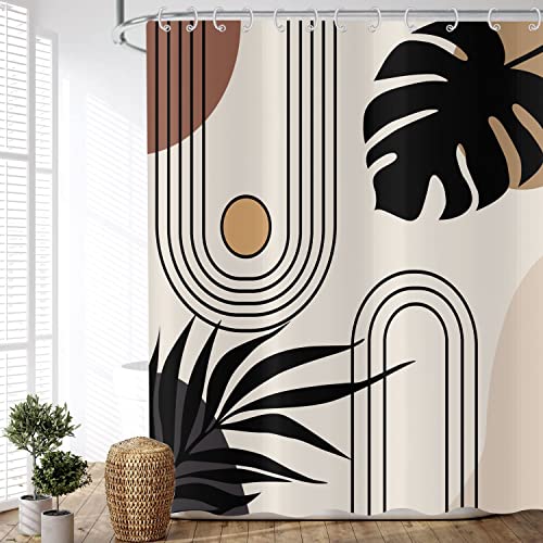 ASDCXZ Duschvorhang Boho 180x200 cm, Modern Abstrakt Kunst Boho Style Schwarz Blätter Sonne Linie Beige Braun Waschbar Duschvorhänge Textil Wasserdicht Duschvorhang für Badewanne mit 12 Haken von ASDCXZ