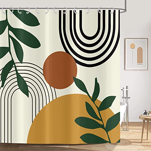 ASDCXZ Boho Style Duschvorhang 180x200 cm, Modern Abstrakt Kunst Boho Sonne Grün Blätter Gelb Bad Waschbar Duschvorhänge Polyester Textil Wasserdicht Duschvorhang für Badewanne mit 12 Haken von ASDCXZ