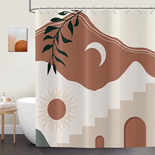 ASDCXZ Boho Duschvorhang 180x200 cm, Modern Abstrakt Kunst Boho Style Sonne Mond Blätter Beige Bad Waschbar Duschvorhänge Polyester Textil Wasserdicht Duschvorhang für Badewanne mit 12 Haken von ASDCXZ