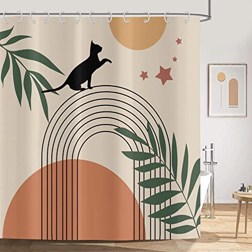 ASDCXZ Duschvorhang 180x240 cm Boho Style, Mid Century Abstrakt Kunst Boho Katze Blätter Beige Bad Waschbar Duschvorhänge Polyester Textil Wasserdicht Duschvorhang für Badewanne mit 12 Haken von ASDCXZ