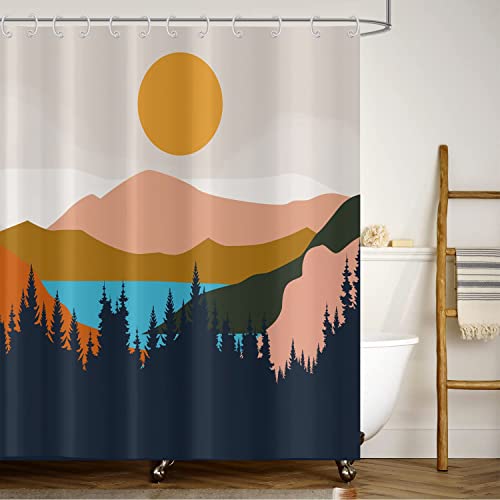 ASDCXZ Boho Duschvorhang 180x240 cm, Modern Abstrakt Kunst Boho Style Sonnenuntergang Spitze Wald Bunt Bad Waschbar Duschvorhänge Polyester Textil Wasserdicht Duschvorhang für Badewanne mit 12 Haken von ASDCXZ