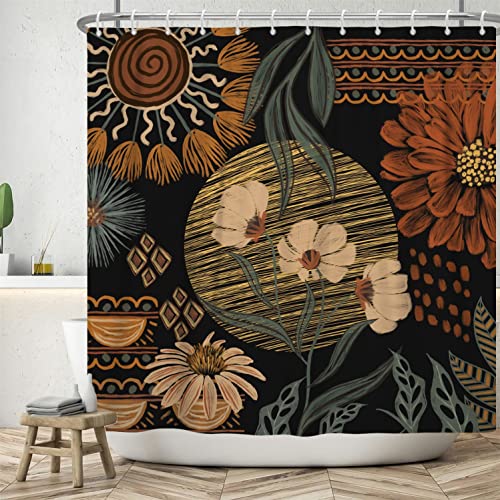 ASDCXZ Duschvorhang 180x240 cm Boho Style, Retro Abstrakt Kunst Blume Blätter Schwarz Kleine Bad Waschbar Duschvorhänge Polyester Textil Wasserdicht Duschvorhang für Badewanne mit 12 Haken von ASDCXZ