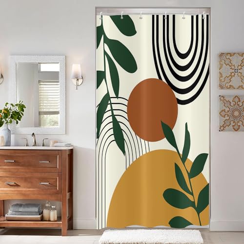 ASDCXZ Boho Style Duschvorhang 90x180 cm, Modern Abstrakt Kunst Boho Sonne Grün Blätter Gelb Bad Waschbar Duschvorhänge Polyester Textil Wasserdicht Duschvorhang für Badewanne mit 6 Haken von ASDCXZ