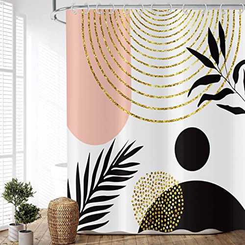 ASDCXZ Duschvorhang Boho Blätter 120x180 cm, Modern Abstrakt Kunst Boho Style Schwarz Palme Blätter Gold Waschbar Duschvorhänge Polyester Textil Wasserdicht Duschvorhang für Badewanne mit 8 Haken von ASDCXZ