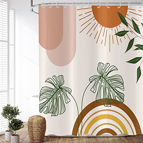 ASDCXZ Duschvorhang Boho Blätter 180x180 cm, Modern Abstrakt Kunst Boho Style Grün Tropisch Blätter Beige Waschbar Duschvorhänge Polyester Textil Wasserdicht Duschvorhang für Badewanne mit 12 Haken von ASDCXZ