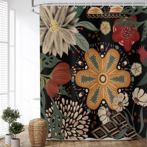 ASDCXZ Duschvorhang Boho Blumen 120x180 cm, Vintage Abstrakt Kunst Blume Blätter Schwarz Waschbar Bad Duschvorhänge Wasserdicht Polyester Textil Duschvorhang für Badewanne mit 8 Duschvorhang Haken von ASDCXZ