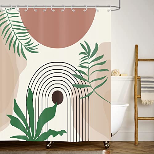 ASDCXZ Duschvorhang Boho Kunst Sonne Blätter Linien Abstrakt Moderne Beige Bad Duschvorhänge Waschbar Polyester Textil Wasserdicht braun Duschrollo für Badewanne mit 6 Duschvorhang Haken,90x180 cm von ASDCXZ