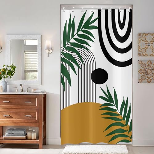 ASDCXZ Duschvorhang 120x180 cm Boho Style, Modern Abstrakt Kunst Sonne Grün Blätter Linie Bad Waschbar Duschvorhänge Polyester Textil Wasserdicht Duschvorhang für Badewanne mit 8 Haken von ASDCXZ